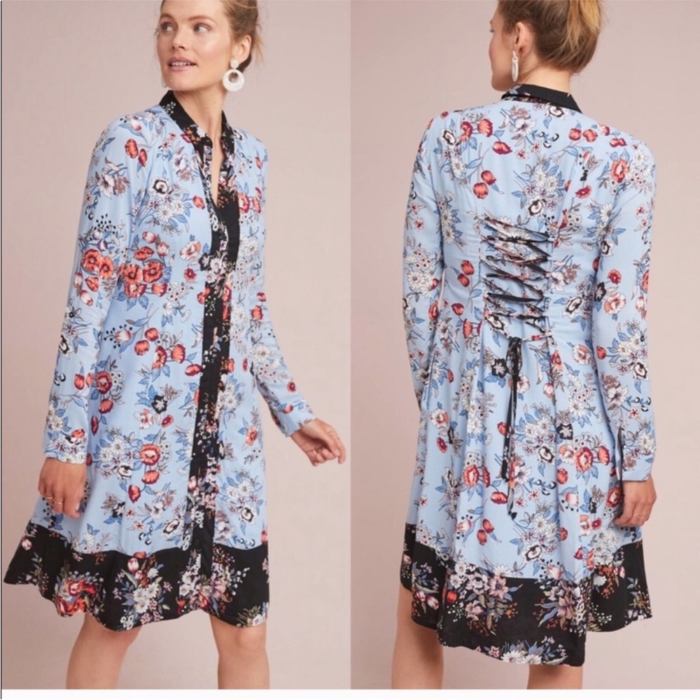 Anthropologie Maeve Leyster Blue Floral Shirt Dress Size 4